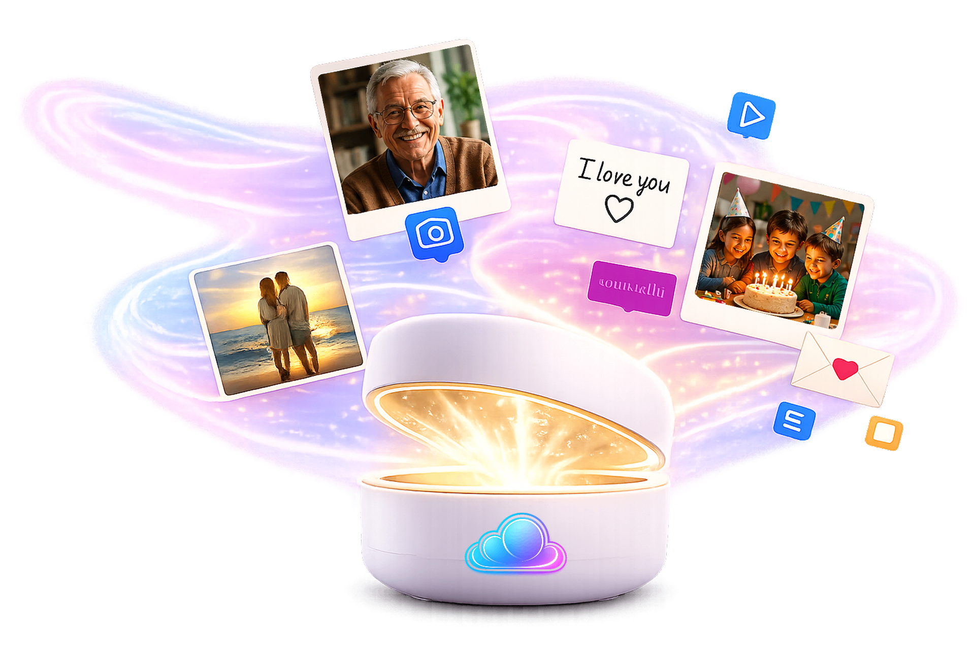 A glowing Sky Pod releasing photos, voice notes, messages, and letters